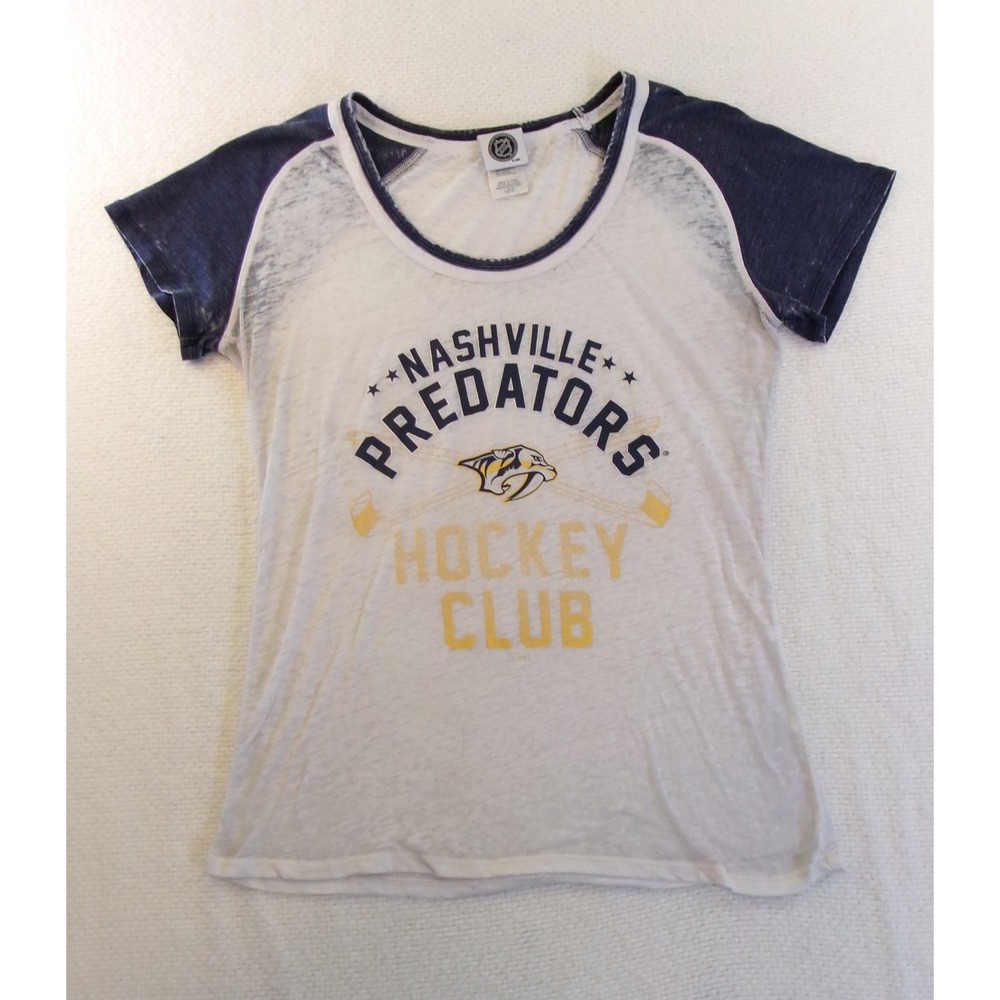 NHL Nashville Predators Womens Raglan T-Shirt White Navy Burnout Slub L 12/14